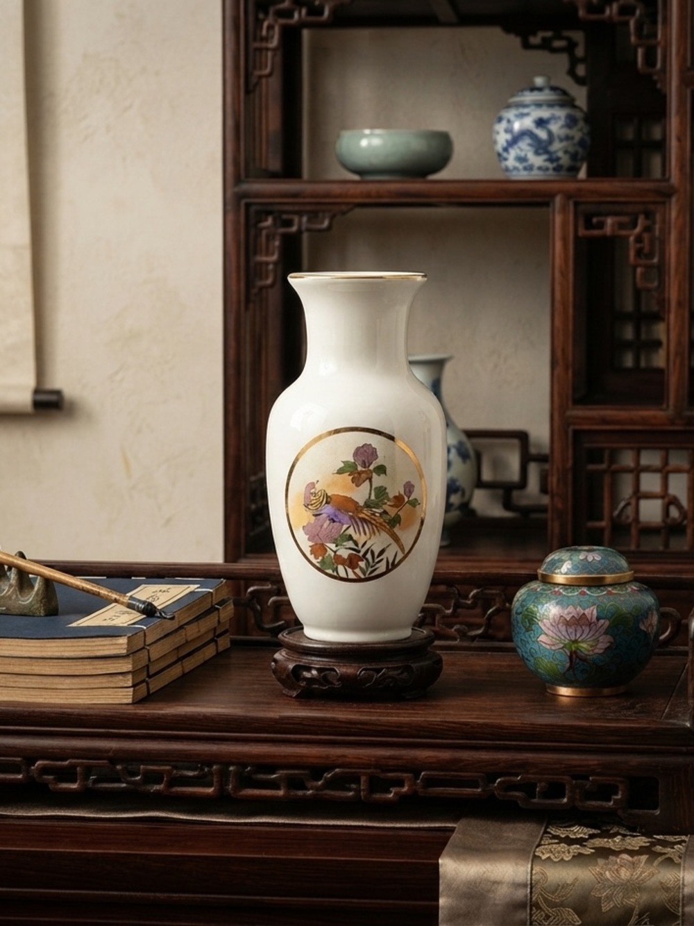 Vintage Fine China made in Japan Pheasant and flowers bud vase